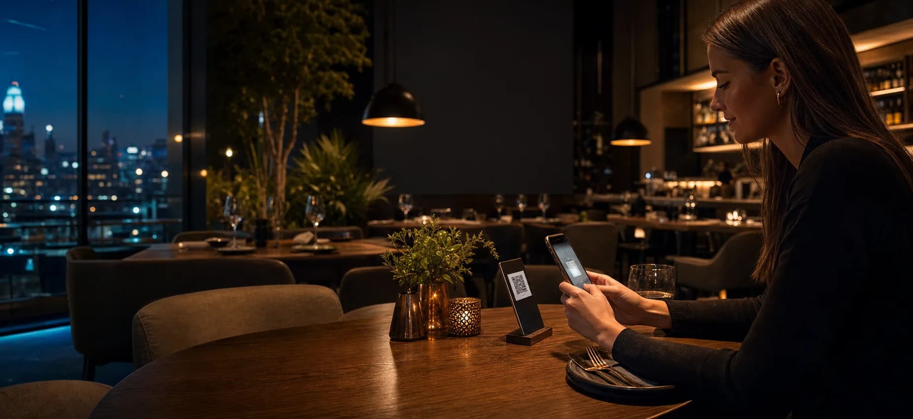 Customer scanning a table QR code in a restaurant at night